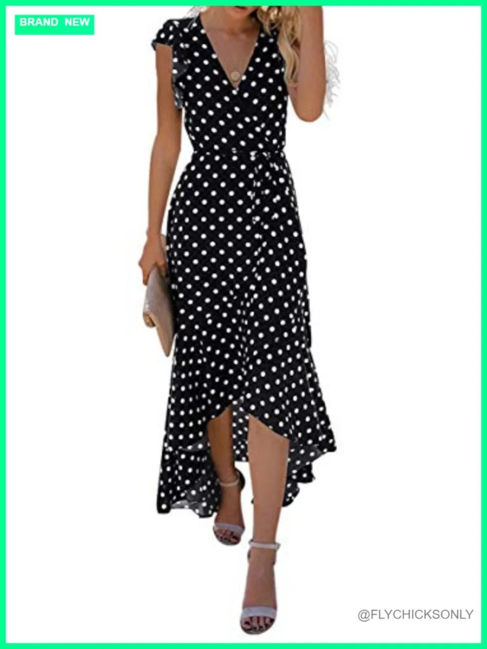 Flowy V-Neck Maxi Dress High Low Hem Ruffle Sleeves